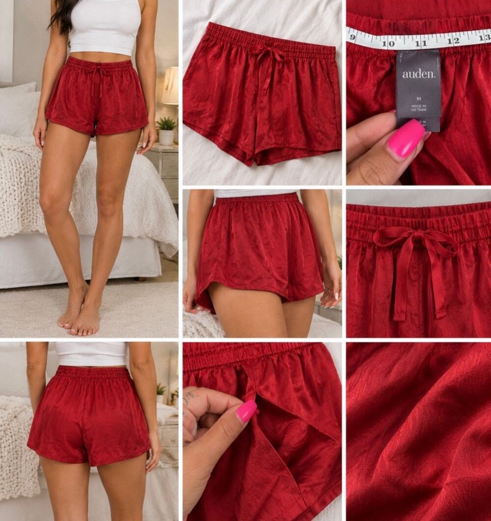 Auden Luxury Collection Red Satin Pajama Sleep Shorts Medium NWT Pockets